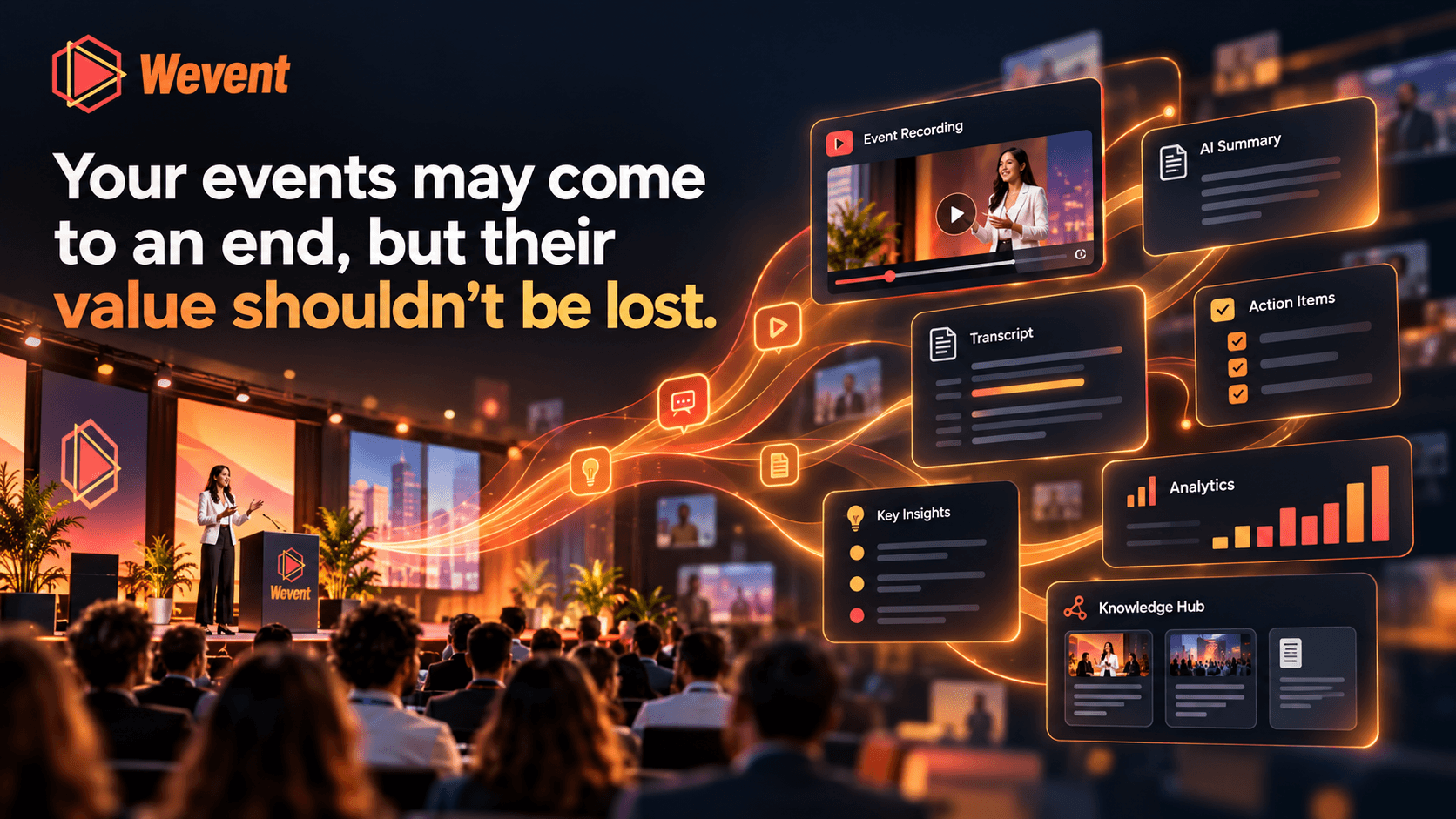 Wevent: Your events may come to an end, but their value shouldn’t be lost. A live conference connects to an event recording, AI summary, transcript, action items, key insights, analytics and a knowledge hub.