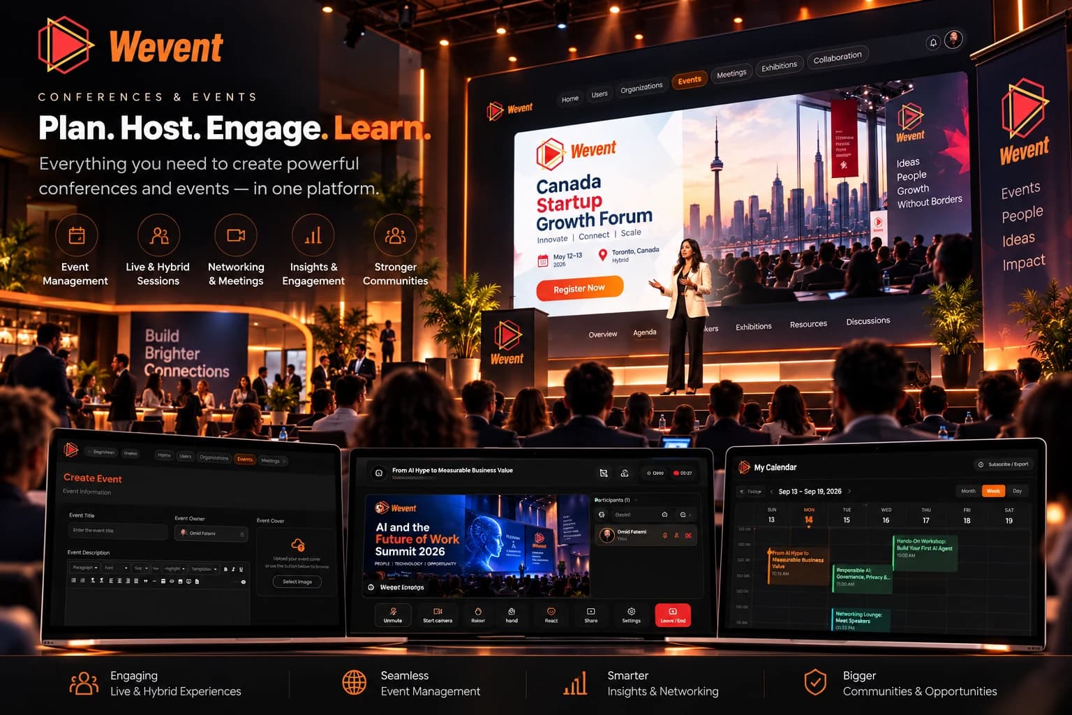 Wevent hybrid conference with a keynote stage, event registration, live sessions and calendar views.
