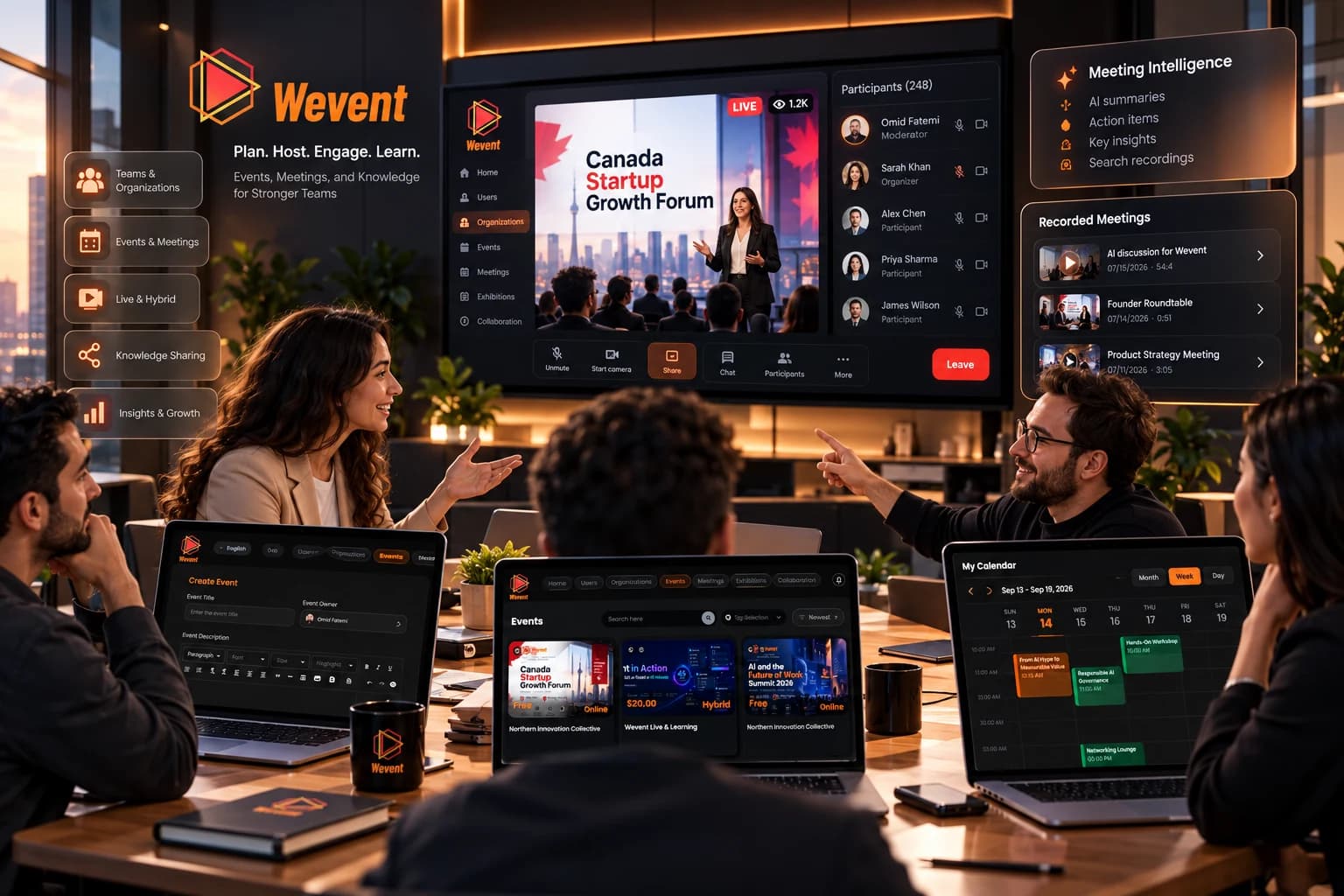Team collaborating through Wevent with a shared live session, meeting insights and event calendars.