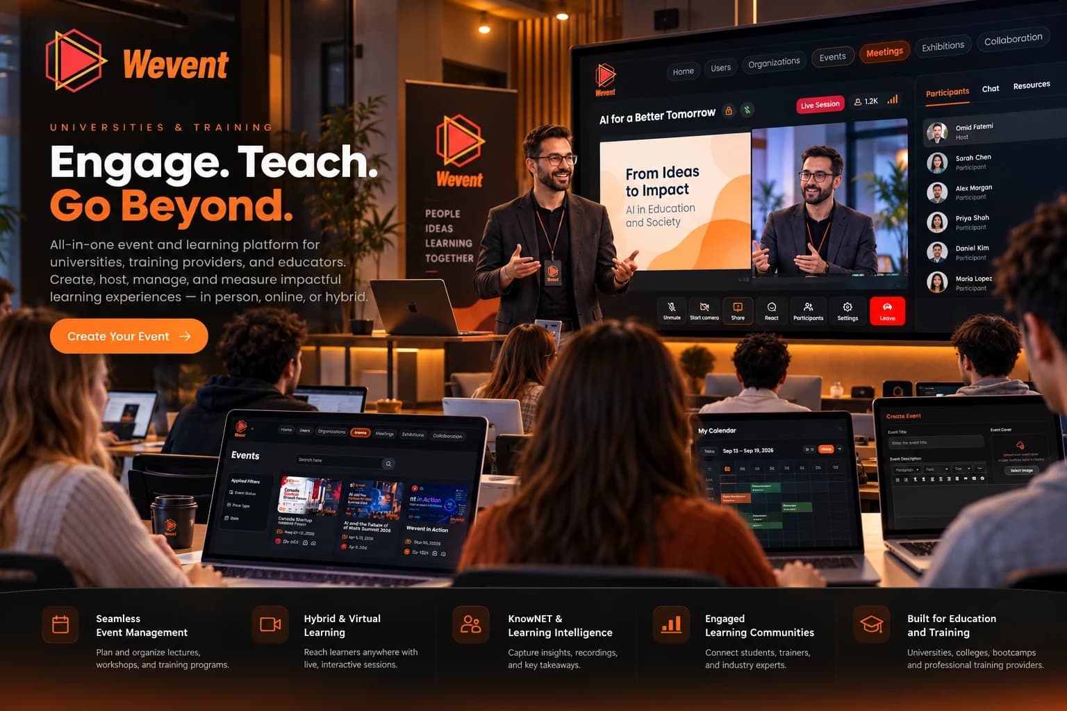Instructor leading a Wevent hybrid workshop with in-person learners and an online classroom.