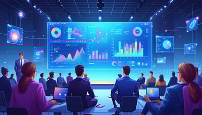 Illustration showing a modern event with digital tools and analytics